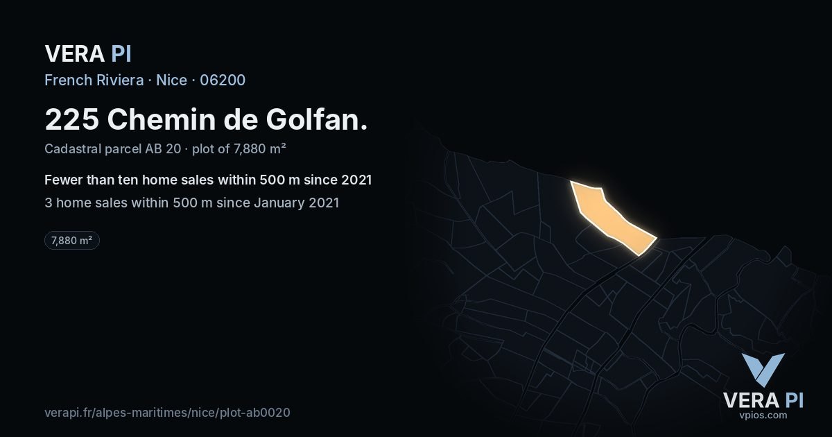 225 Chemin de Golfan, Nice at night – the plot lit, the parcels around coloured by the prices near them