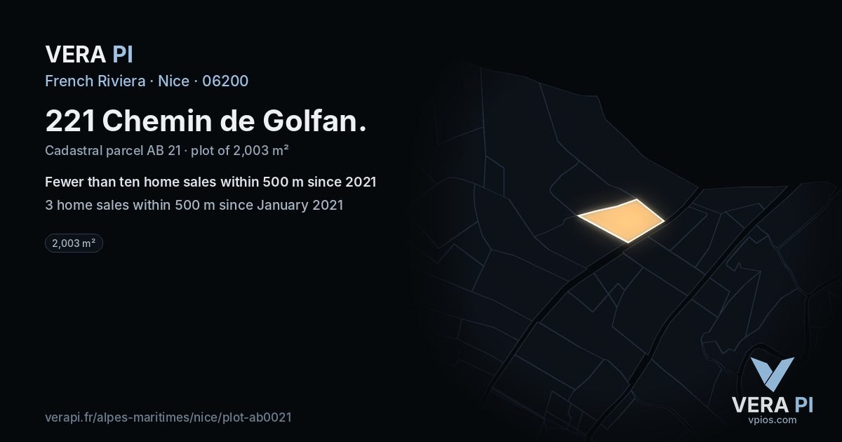 221 Chemin de Golfan, Nice at night – the plot lit, the parcels around coloured by the prices near them