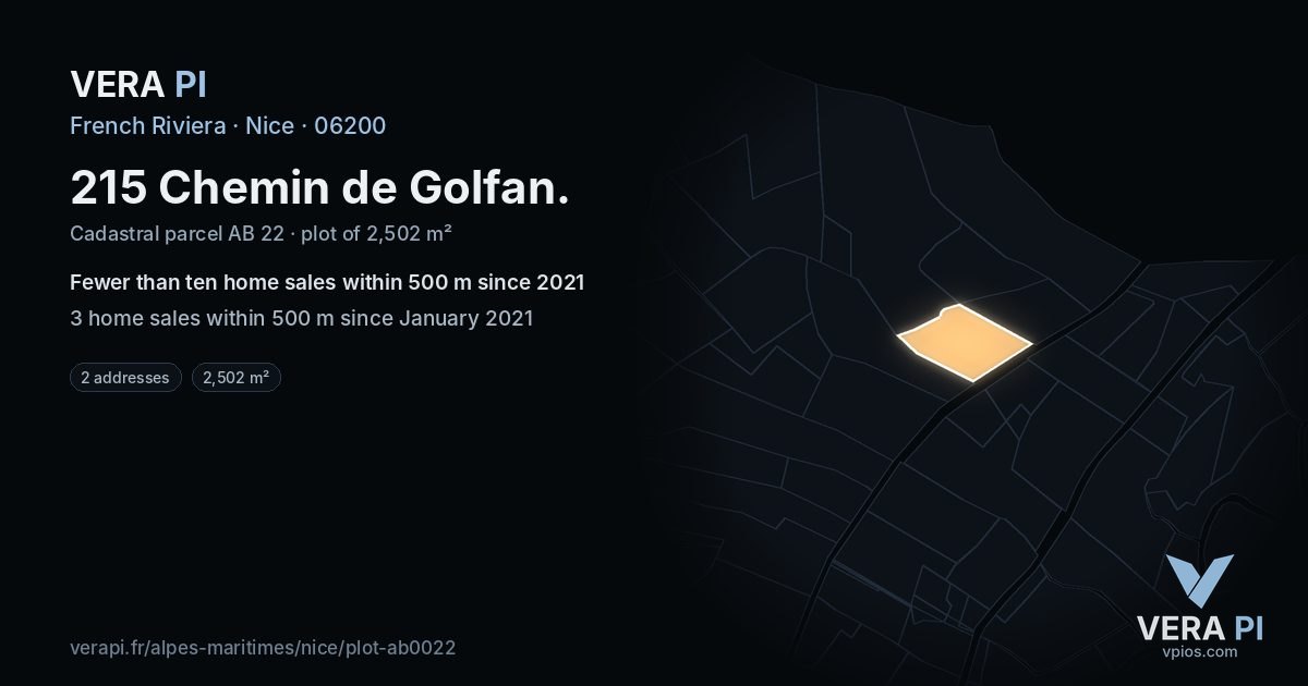 215 Chemin de Golfan, Nice at night – the plot lit, the parcels around coloured by the prices near them
