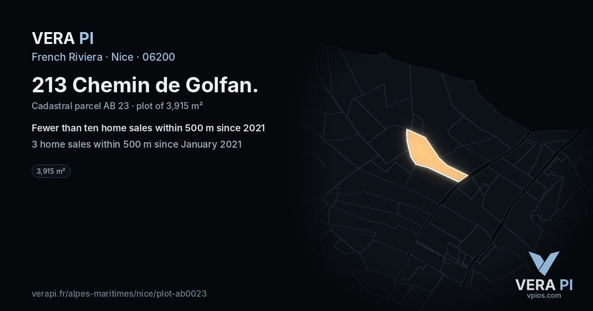213 Chemin de Golfan, Nice at night – the plot lit, the parcels around coloured by the prices near them