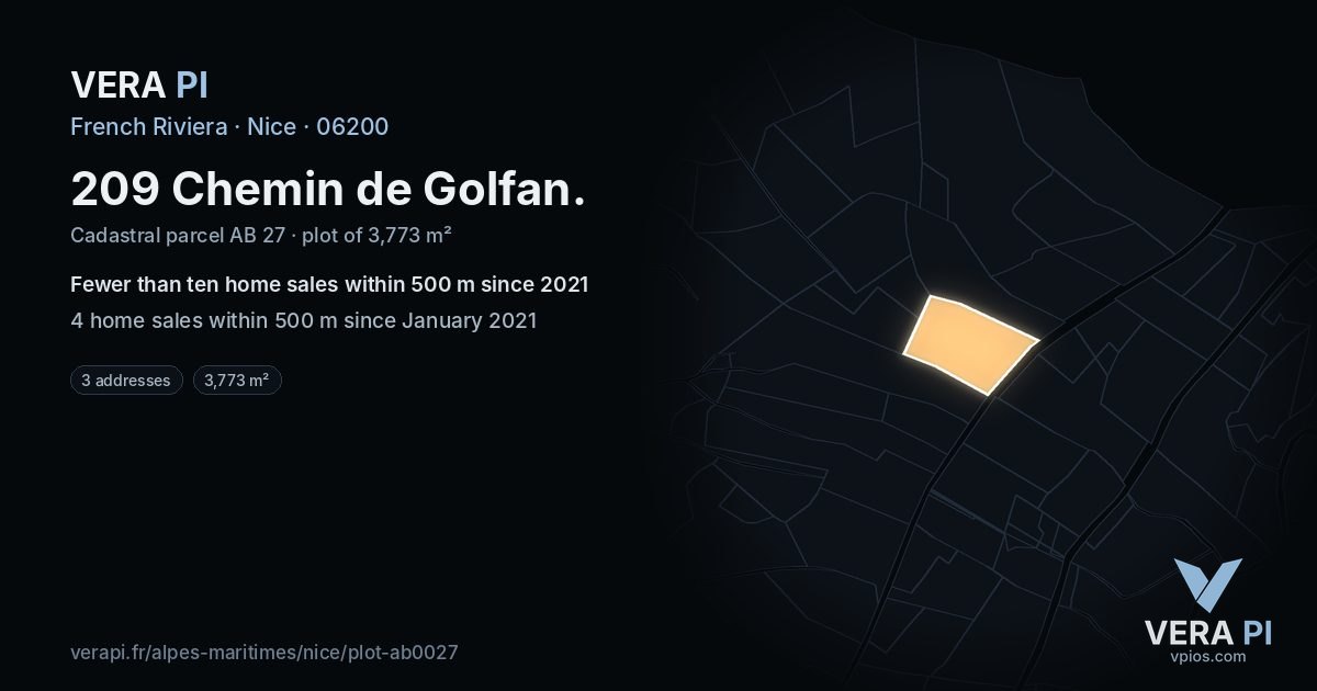 209 Chemin de Golfan, Nice at night – the plot lit, the parcels around coloured by the prices near them