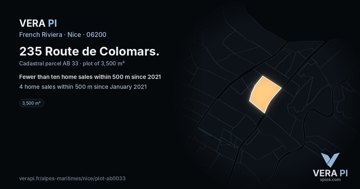 235 Route de Colomars, Nice at night – the plot lit, the parcels around coloured by the prices near them