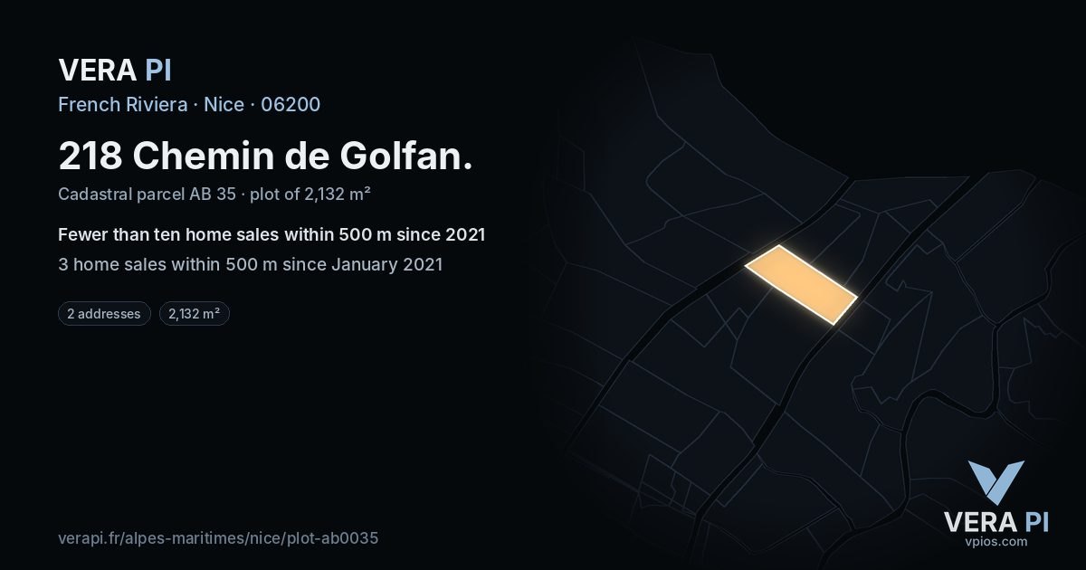 218 Chemin de Golfan, Nice at night – the plot lit, the parcels around coloured by the prices near them