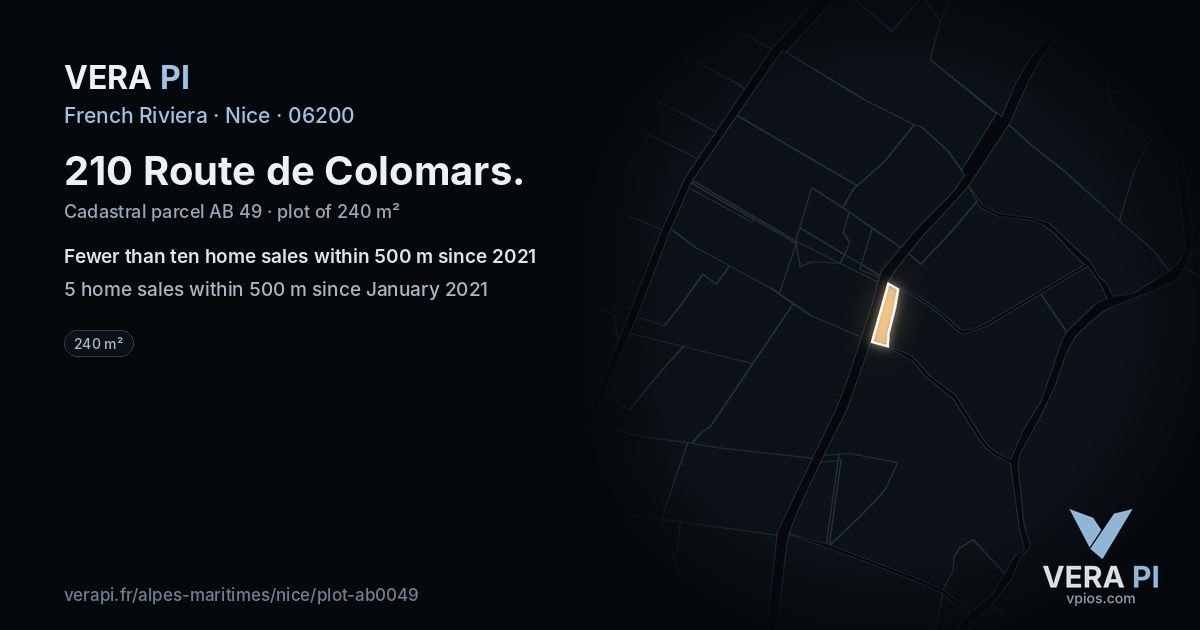 210 Route de Colomars, Nice at night – the plot lit, the parcels around coloured by the prices near them
