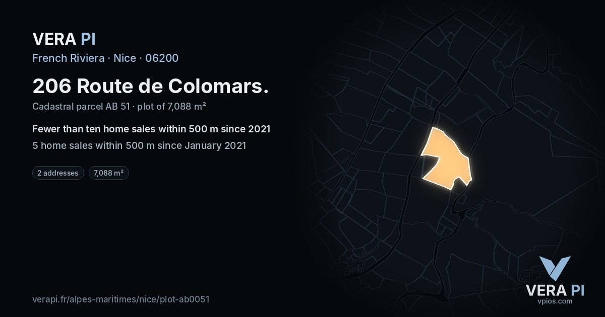 206 Route de Colomars, Nice at night – the plot lit, the parcels around coloured by the prices near them