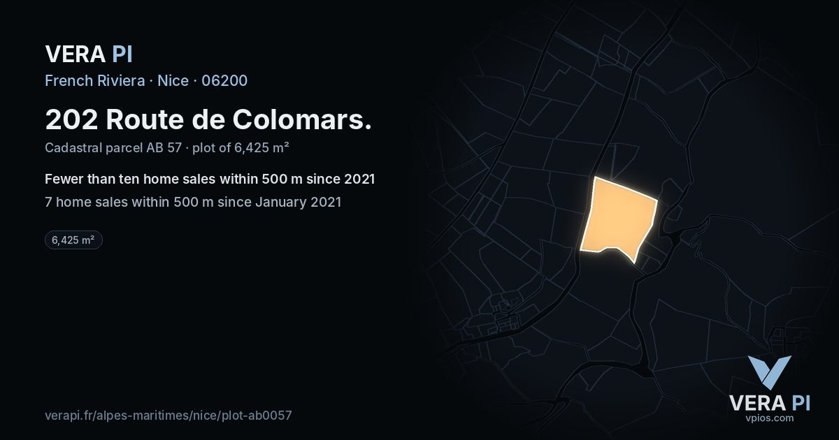 202 Route de Colomars, Nice at night – the plot lit, the parcels around coloured by the prices near them