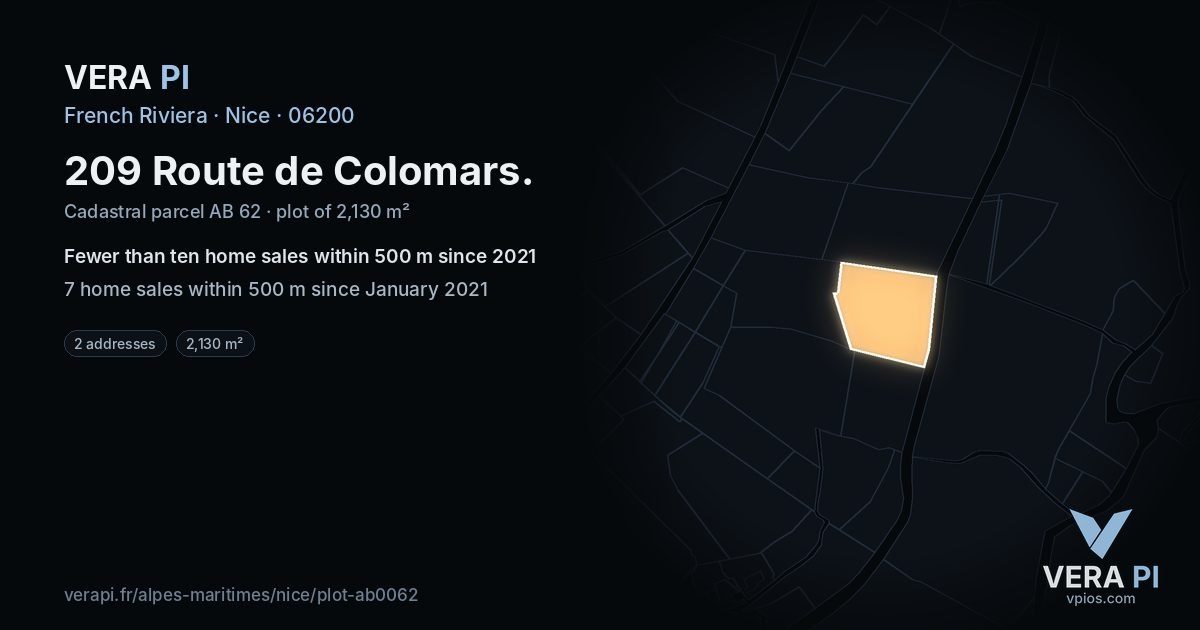 209 Route de Colomars, Nice at night – the plot lit, the parcels around coloured by the prices near them