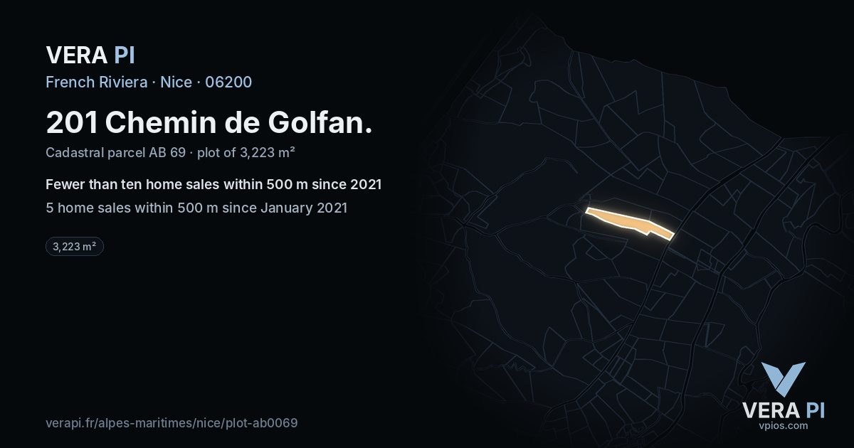 201 Chemin de Golfan, Nice at night – the plot lit, the parcels around coloured by the prices near them