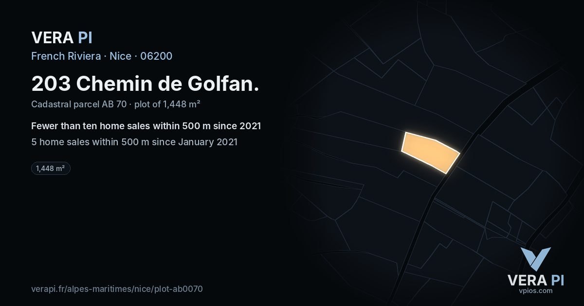 203 Chemin de Golfan, Nice at night – the plot lit, the parcels around coloured by the prices near them