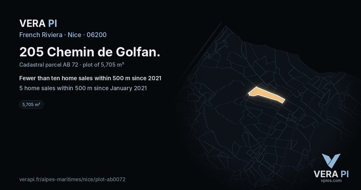 205 Chemin de Golfan, Nice at night – the plot lit, the parcels around coloured by the prices near them