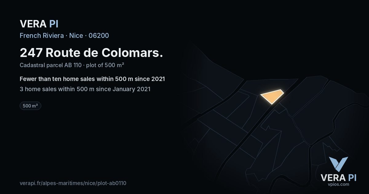 247 Route de Colomars, Nice at night – the plot lit, the parcels around coloured by the prices near them