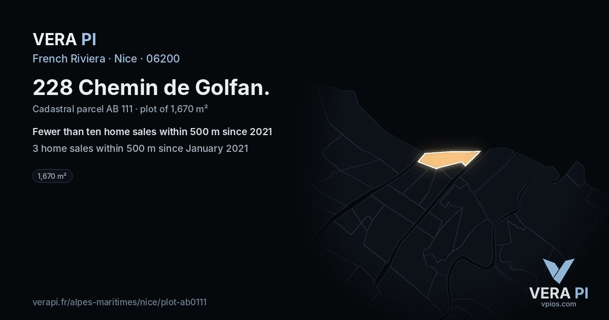 228 Chemin de Golfan, Nice at night – the plot lit, the parcels around coloured by the prices near them