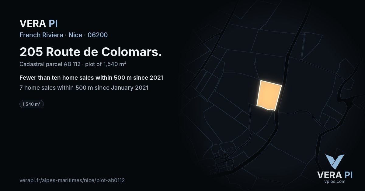 205 Route de Colomars, Nice at night – the plot lit, the parcels around coloured by the prices near them