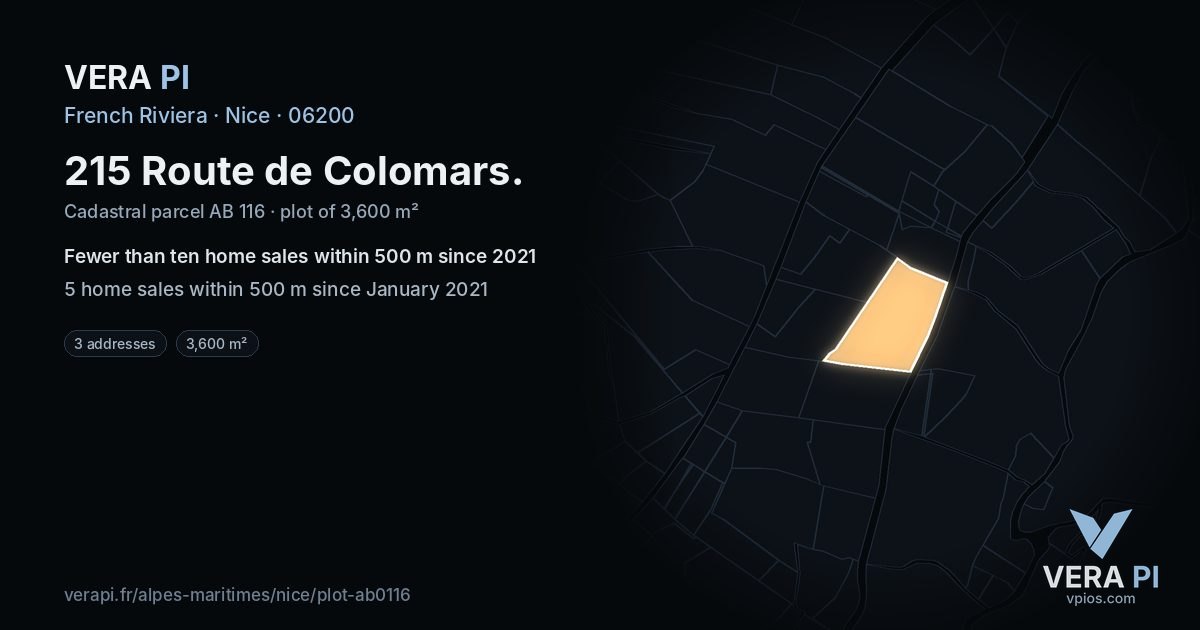 215 Route de Colomars, Nice at night – the plot lit, the parcels around coloured by the prices near them