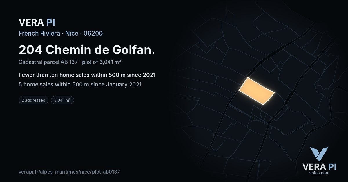 204 Chemin de Golfan, Nice at night – the plot lit, the parcels around coloured by the prices near them
