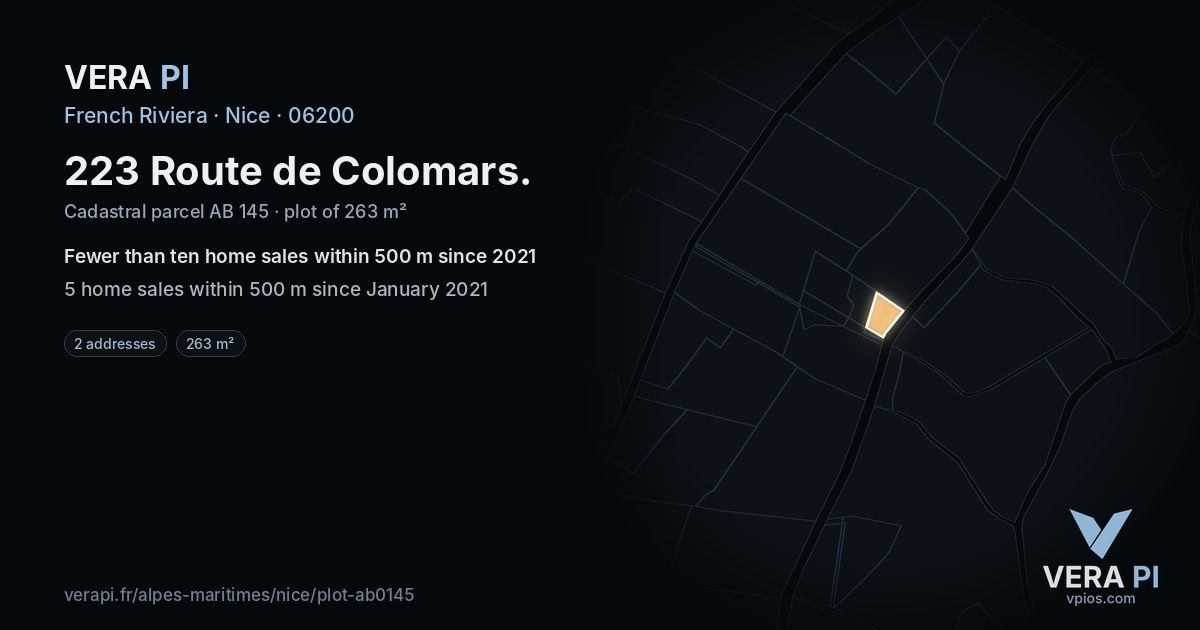 223 Route de Colomars, Nice at night – the plot lit, the parcels around coloured by the prices near them