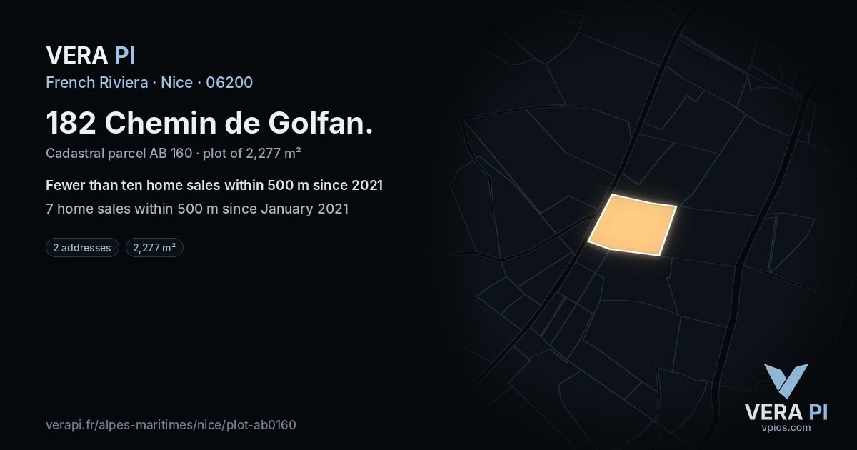 182 Chemin de Golfan, Nice at night – the plot lit, the parcels around coloured by the prices near them