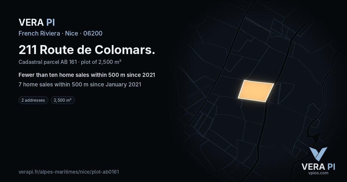 211 Route de Colomars, Nice at night – the plot lit, the parcels around coloured by the prices near them