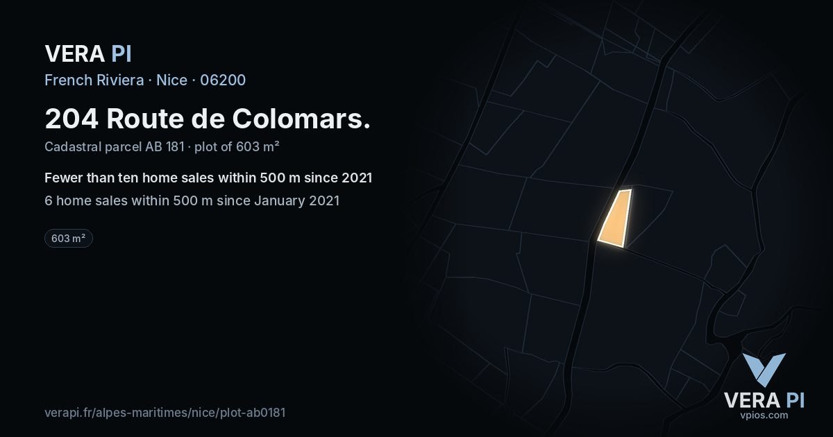 204 Route de Colomars, Nice at night – the plot lit, the parcels around coloured by the prices near them