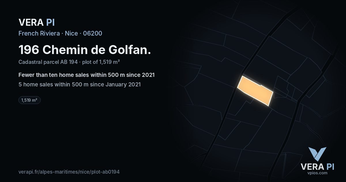196 Chemin de Golfan, Nice at night – the plot lit, the parcels around coloured by the prices near them