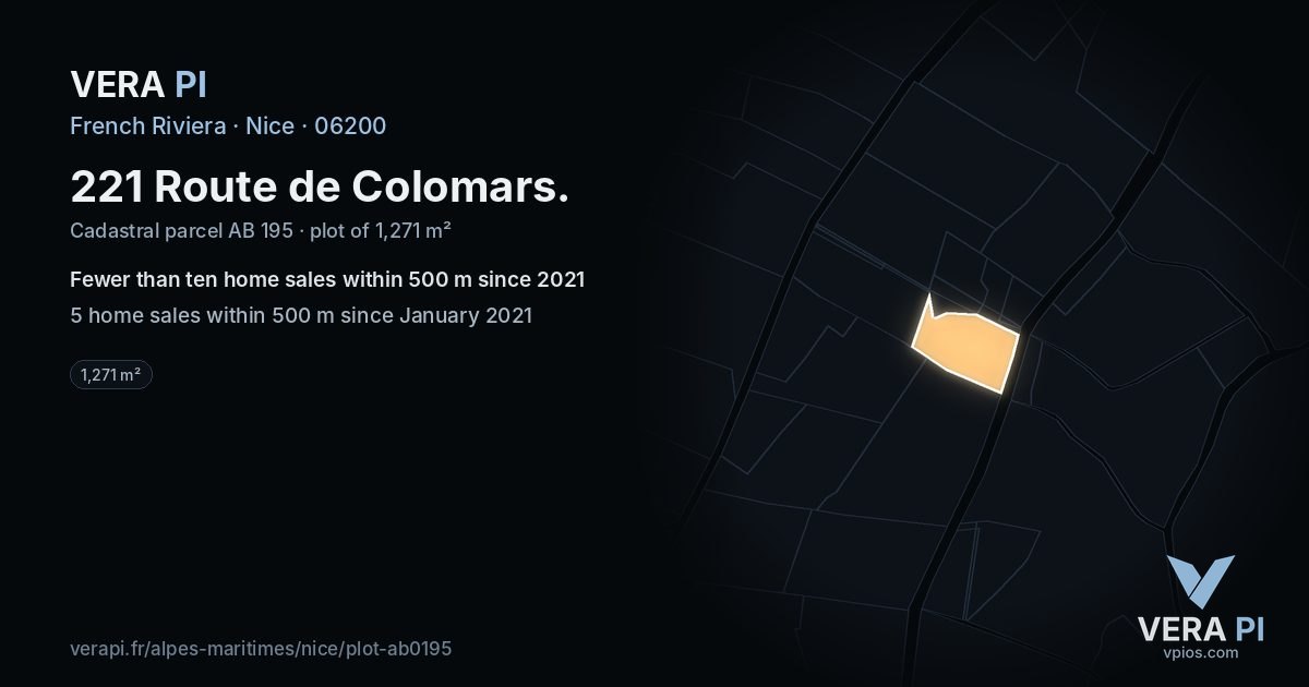 221 Route de Colomars, Nice at night – the plot lit, the parcels around coloured by the prices near them