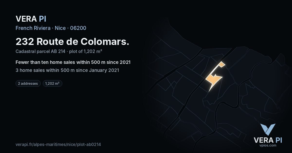 232 Route de Colomars, Nice at night – the plot lit, the parcels around coloured by the prices near them