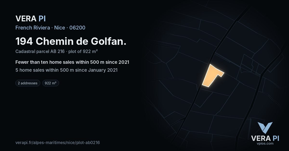 194 Chemin de Golfan, Nice at night – the plot lit, the parcels around coloured by the prices near them