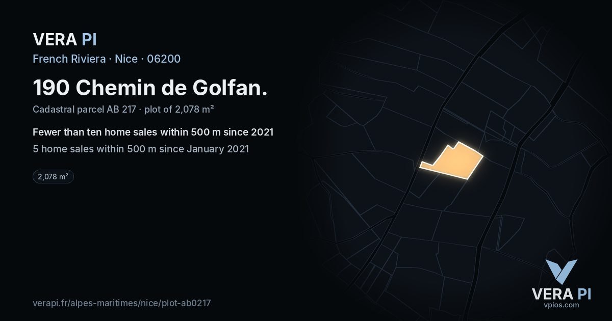 190 Chemin de Golfan, Nice at night – the plot lit, the parcels around coloured by the prices near them