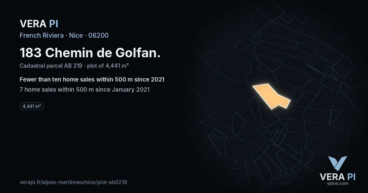 183 Chemin de Golfan, Nice at night – the plot lit, the parcels around coloured by the prices near them