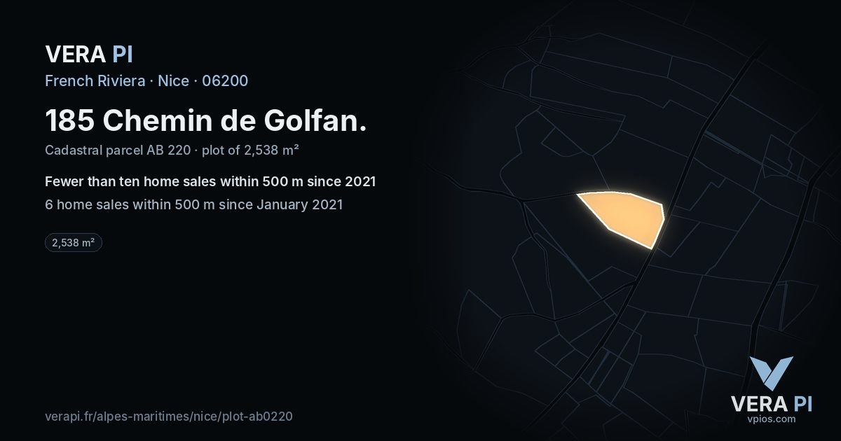 185 Chemin de Golfan, Nice at night – the plot lit, the parcels around coloured by the prices near them
