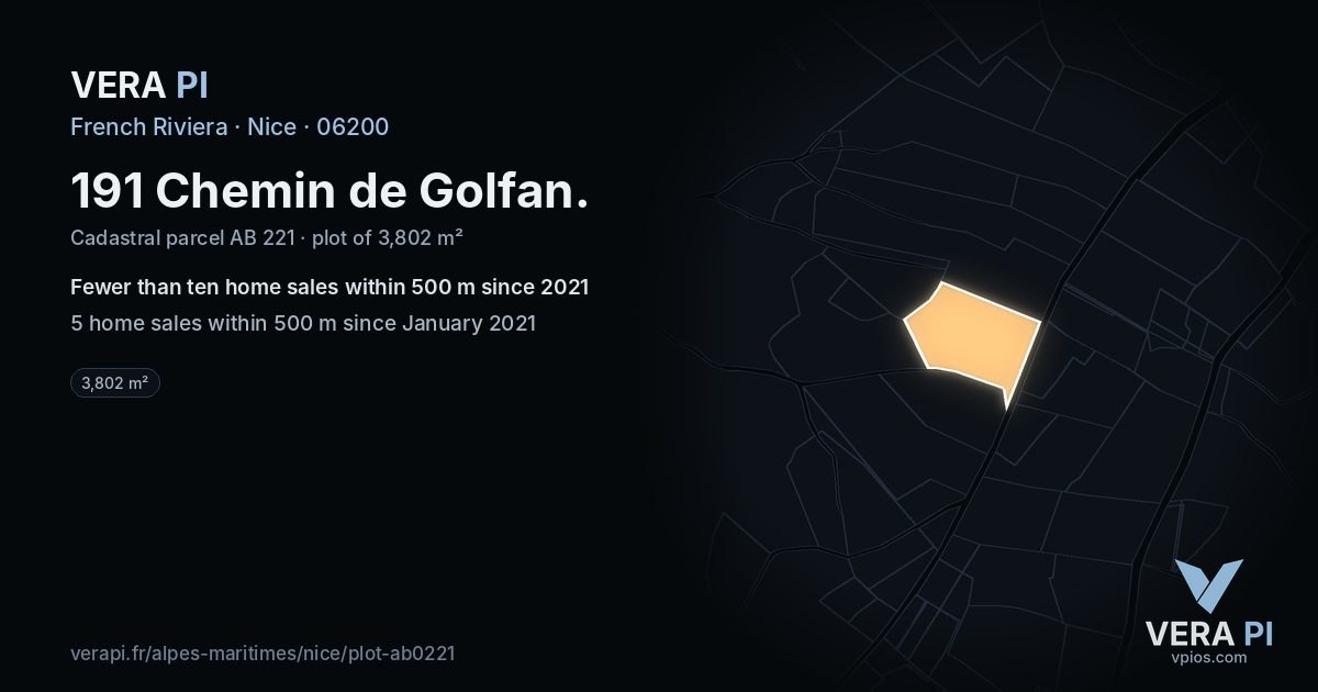 191 Chemin de Golfan, Nice at night – the plot lit, the parcels around coloured by the prices near them