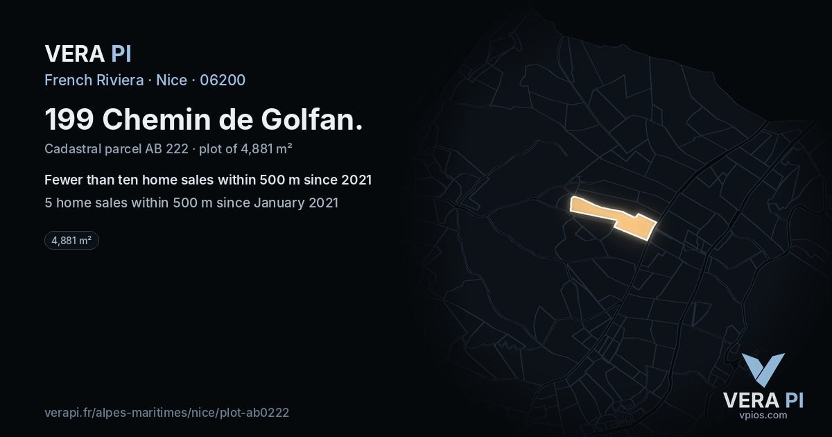 199 Chemin de Golfan, Nice at night – the plot lit, the parcels around coloured by the prices near them