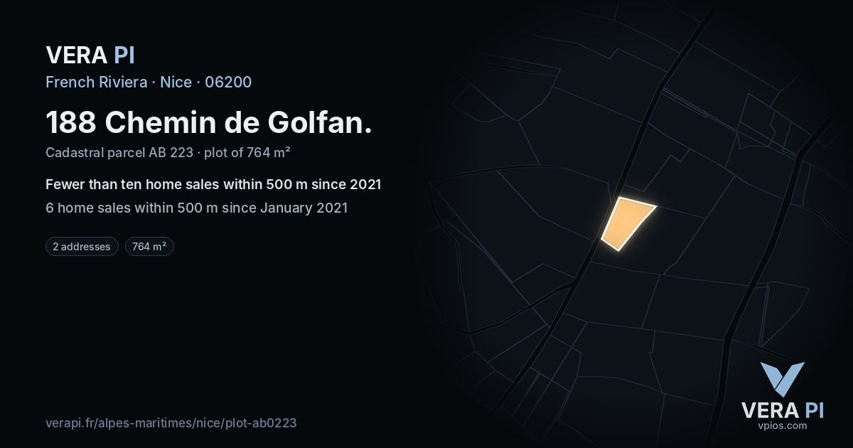 188 Chemin de Golfan, Nice at night – the plot lit, the parcels around coloured by the prices near them