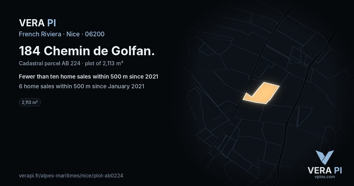 184 Chemin de Golfan, Nice at night – the plot lit, the parcels around coloured by the prices near them