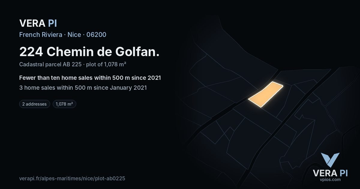 224 Chemin de Golfan, Nice at night – the plot lit, the parcels around coloured by the prices near them