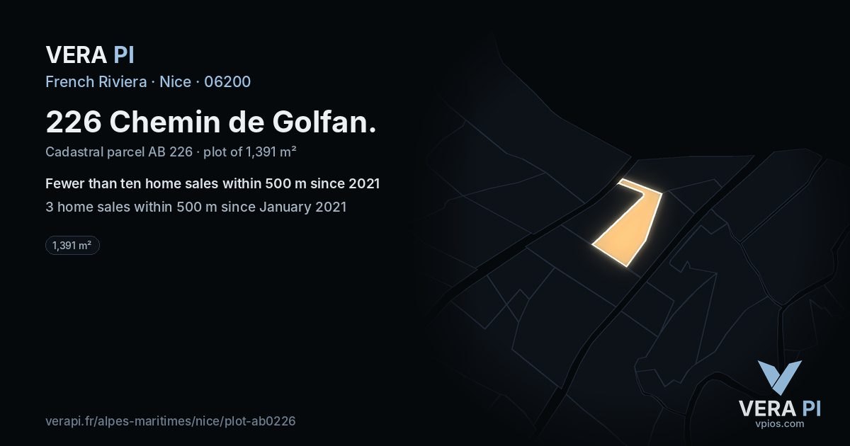 226 Chemin de Golfan, Nice at night – the plot lit, the parcels around coloured by the prices near them