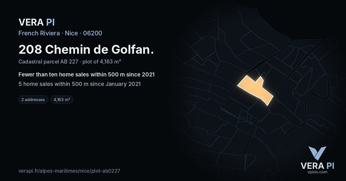 208 Chemin de Golfan, Nice at night – the plot lit, the parcels around coloured by the prices near them