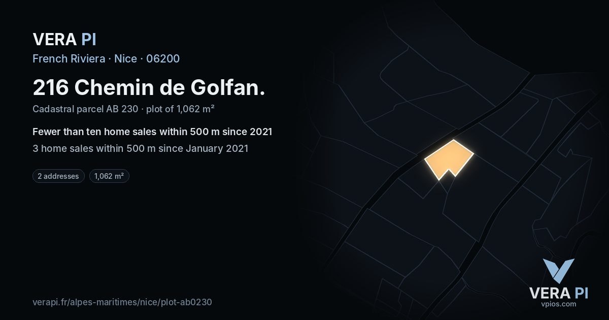 216 Chemin de Golfan, Nice at night – the plot lit, the parcels around coloured by the prices near them