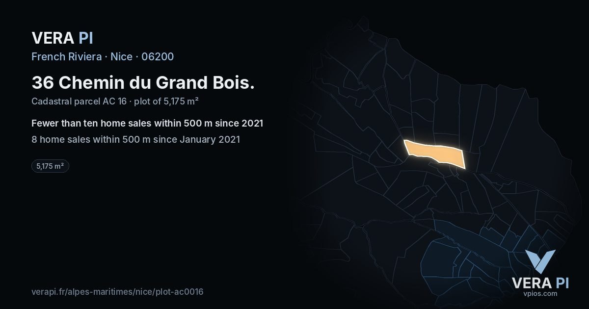 36 Chemin du Grand Bois, Nice at night – the plot lit, the parcels around coloured by the prices near them