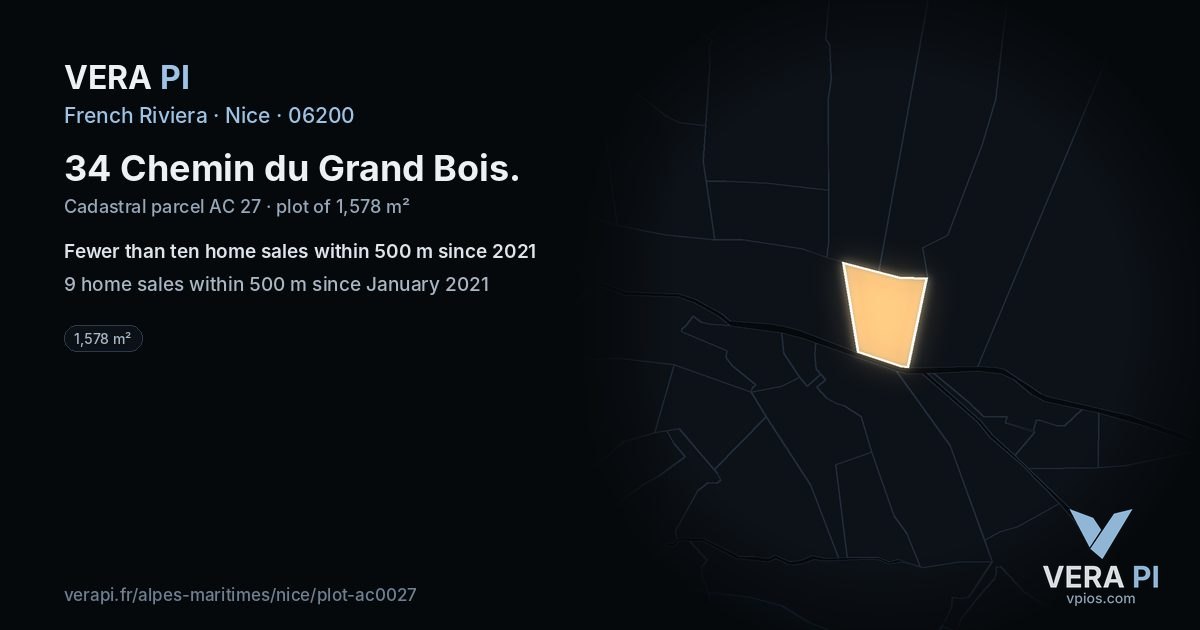 34 Chemin du Grand Bois, Nice at night – the plot lit, the parcels around coloured by the prices near them