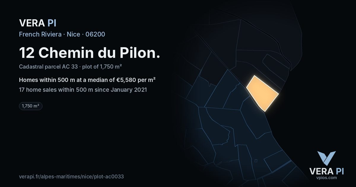 12 Chemin du Pilon, Nice at night – the plot lit, the parcels around coloured by the prices near them