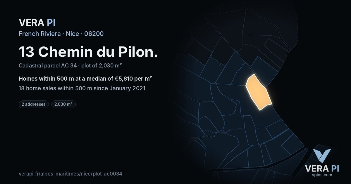 13 Chemin du Pilon, Nice at night – the plot lit, the parcels around coloured by the prices near them