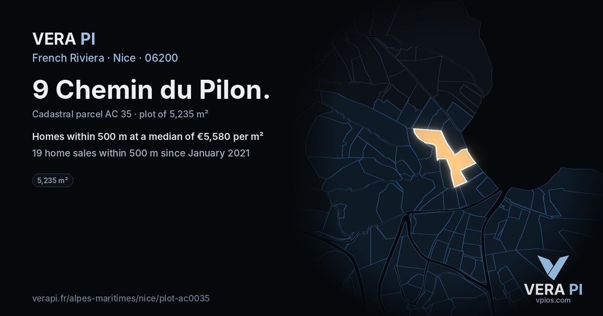 9 Chemin du Pilon, Nice at night – the plot lit, the parcels around coloured by the prices near them