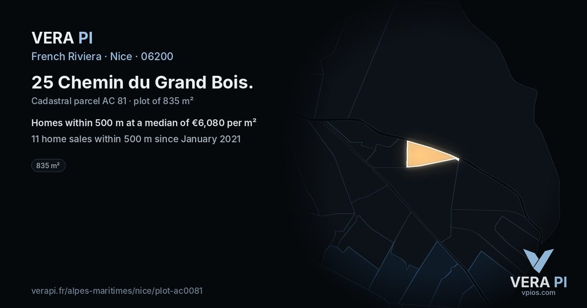 25 Chemin du Grand Bois, Nice at night – the plot lit, the parcels around coloured by the prices near them
