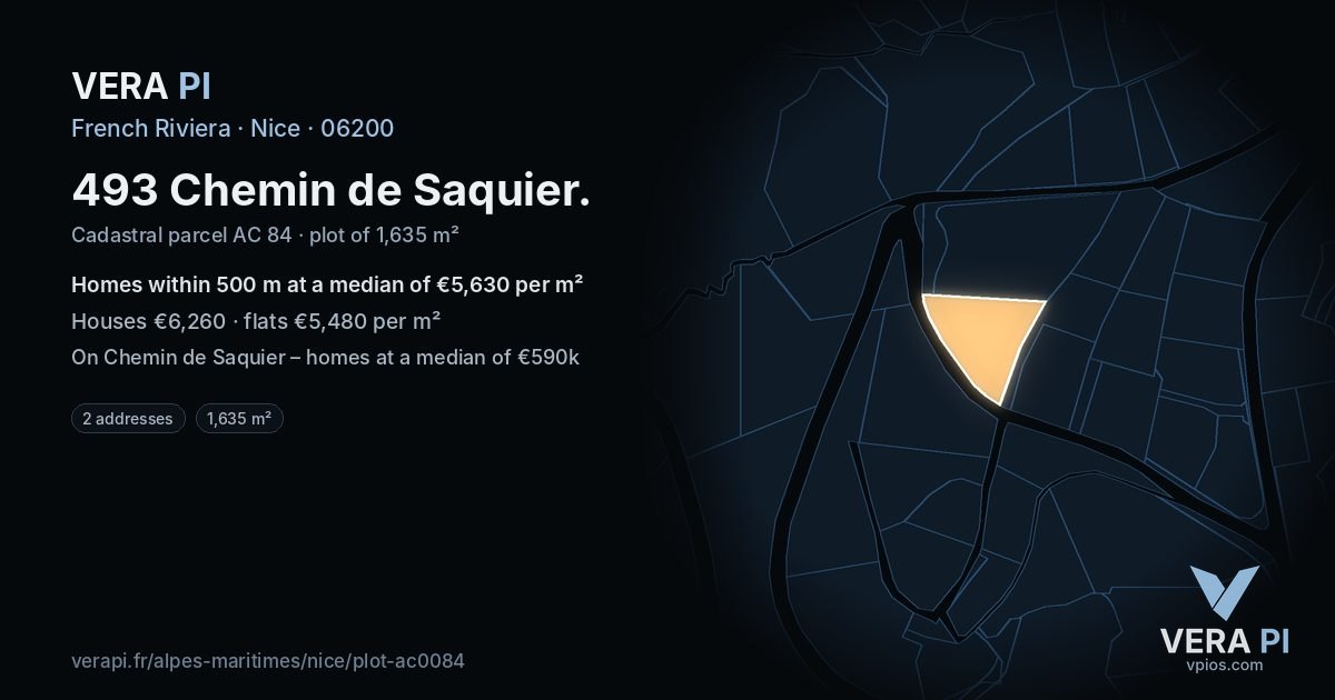 493 Chemin de Saquier, Nice at night – the plot lit, the parcels around coloured by the prices near them
