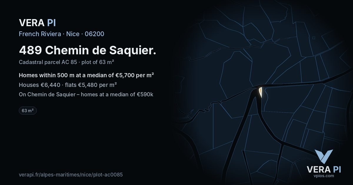 489 Chemin de Saquier, Nice at night – the plot lit, the parcels around coloured by the prices near them
