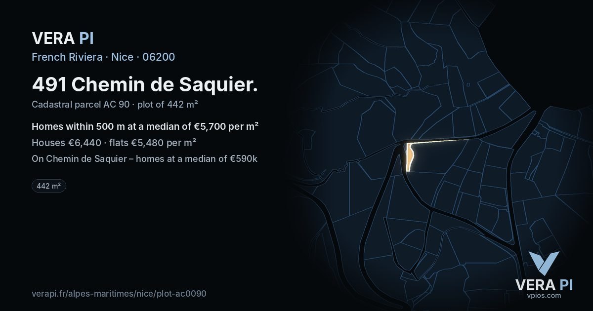 491 Chemin de Saquier, Nice at night – the plot lit, the parcels around coloured by the prices near them