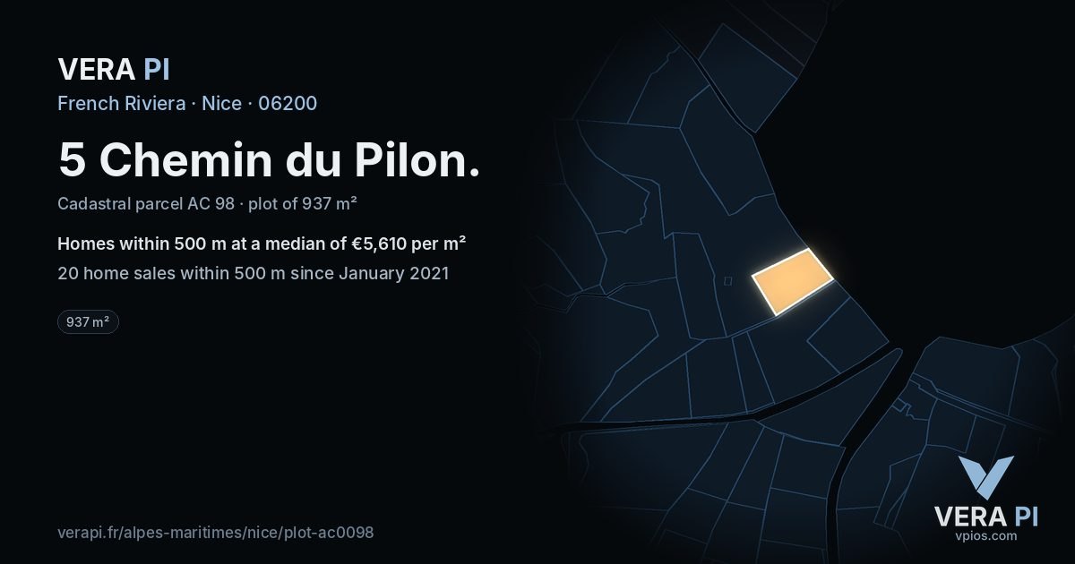 5 Chemin du Pilon, Nice at night – the plot lit, the parcels around coloured by the prices near them