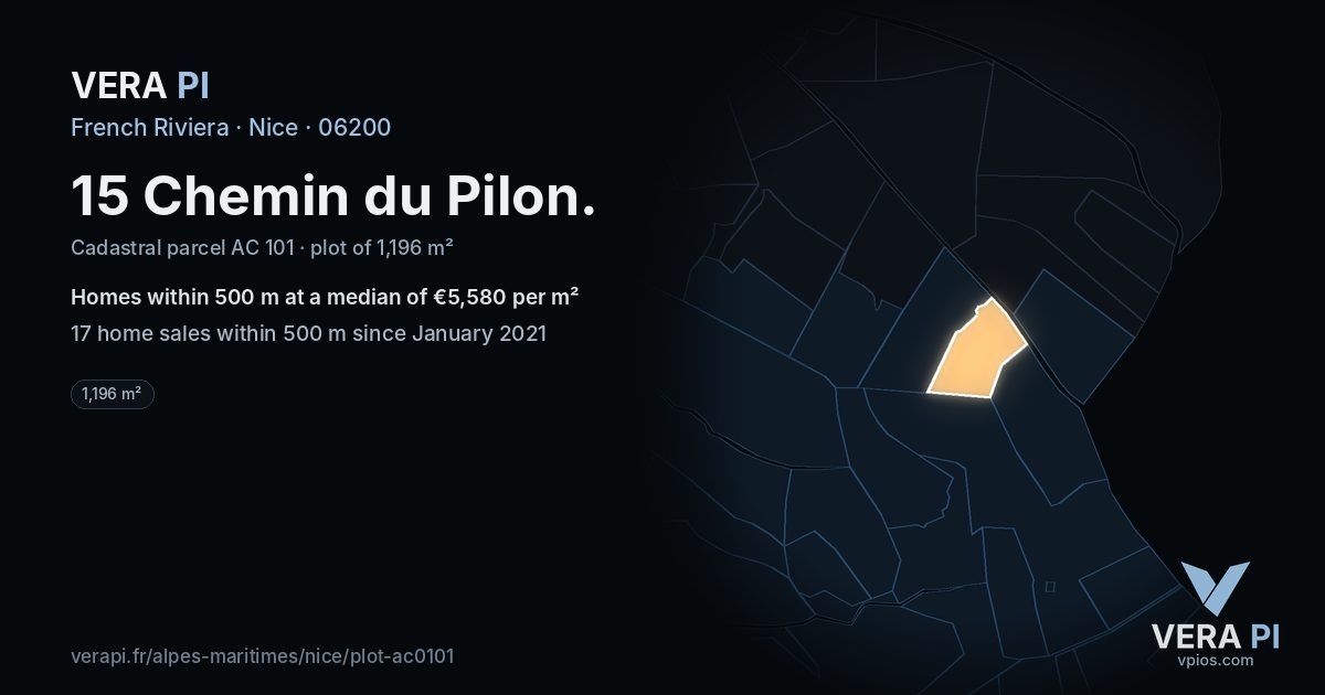 15 Chemin du Pilon, Nice at night – the plot lit, the parcels around coloured by the prices near them