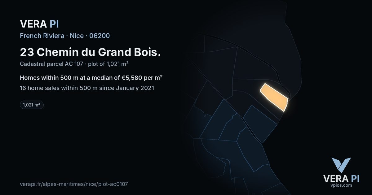 23 Chemin du Grand Bois, Nice at night – the plot lit, the parcels around coloured by the prices near them